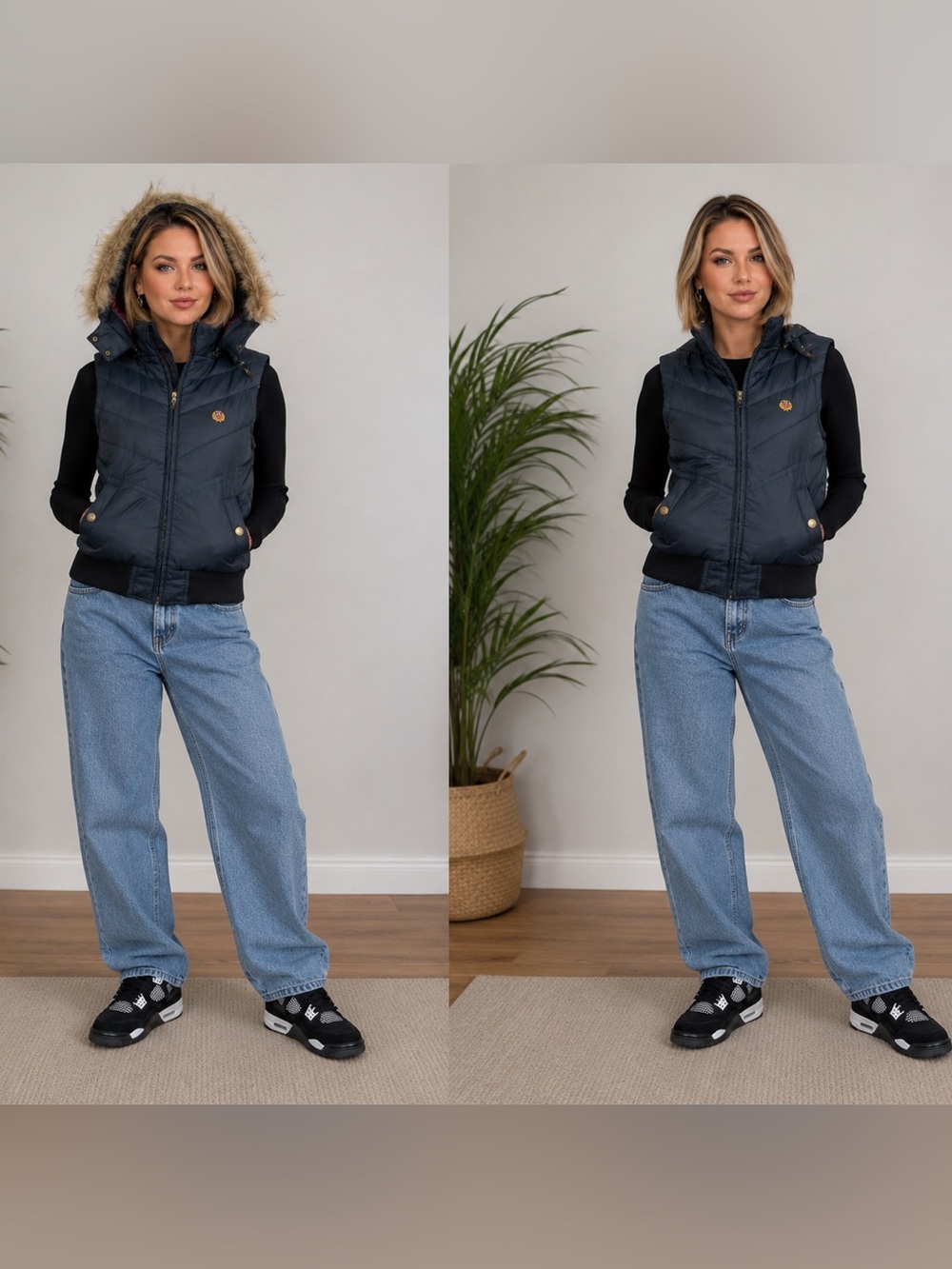 E-Land Navy Blue Quilted Vest with Faux-Fur Hood – Preppy Style Size S